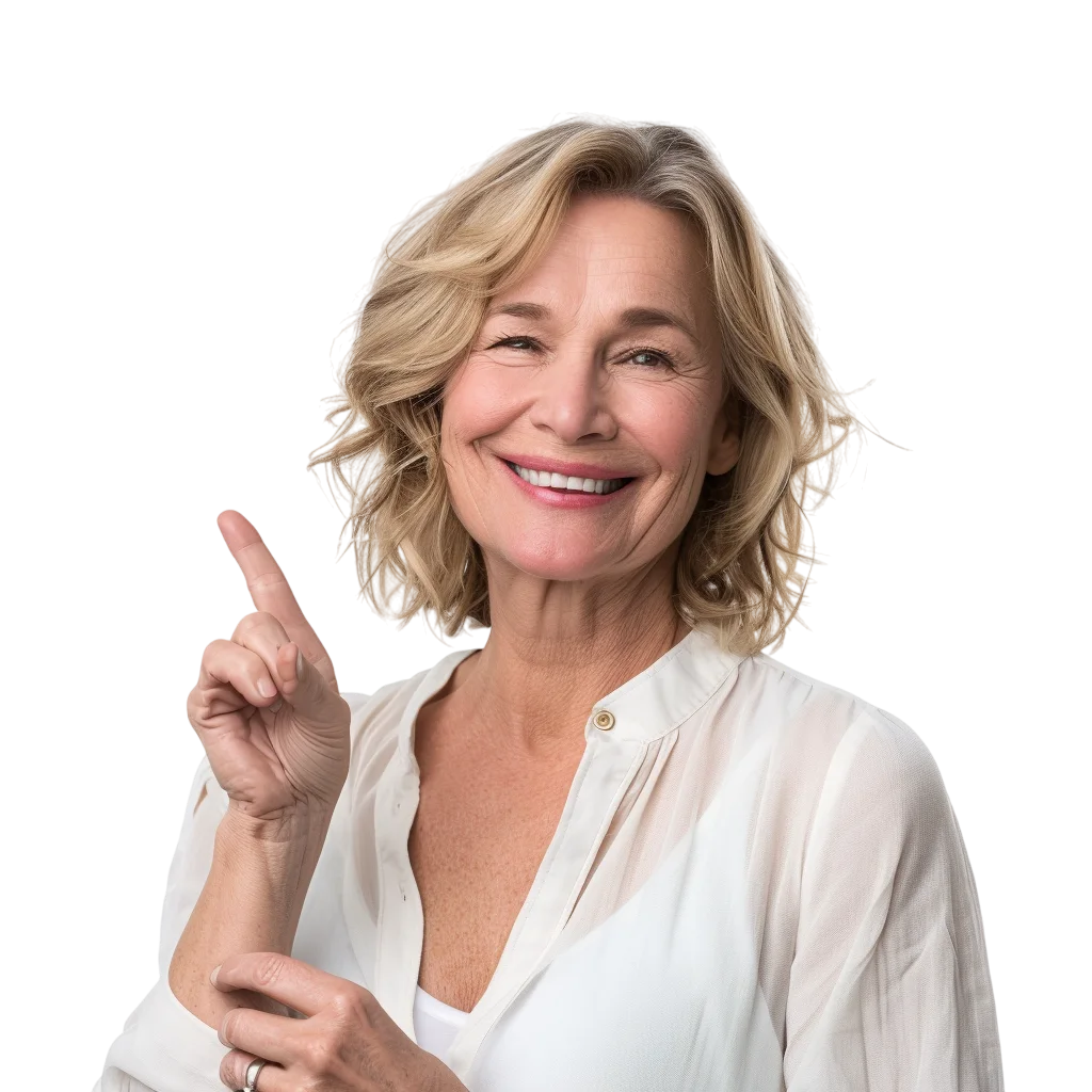Smiling Middle Aged Woman Pointing Finger Free PNG
