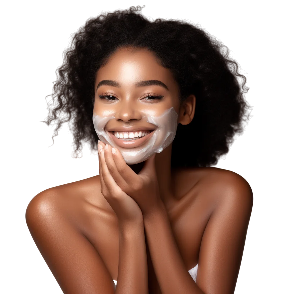 Happy Black Woman Applying Face Moisturizer Free PNG