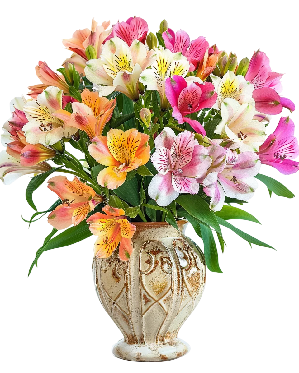 Alstroemeria Bouquet in Glass Vase Free PNG Cutout