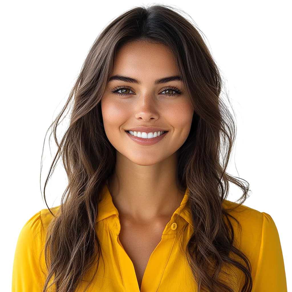 Radiant Brunette Woman in Vibrant Yellow Shirt Free PNG