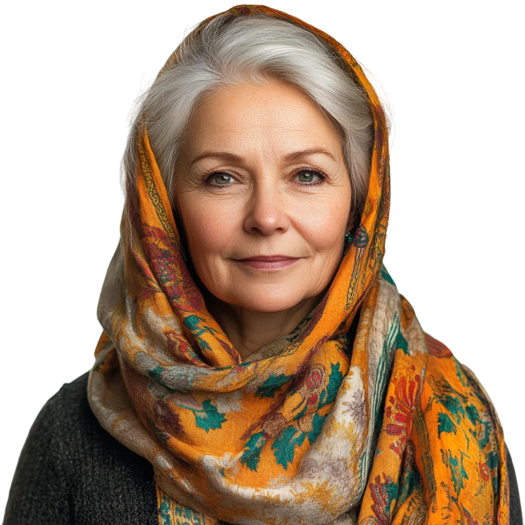 Mature Woman in Golden Scarf Smiling Free PNG
