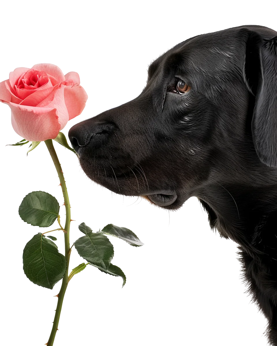 Black Labrador Dog Smelling Pink Rose Free PNG