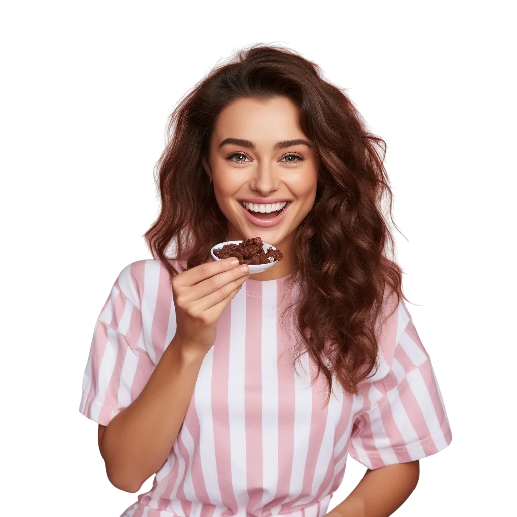 Cheerful Woman Eating Cookie Free PNG Cutout