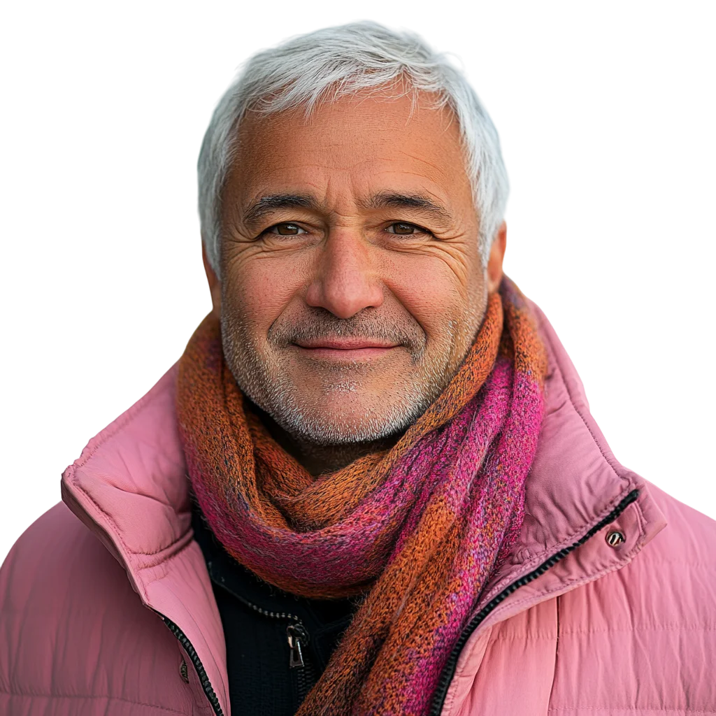 Smiling Senior Man in Warm Pink Puffer Jacket Free PNG