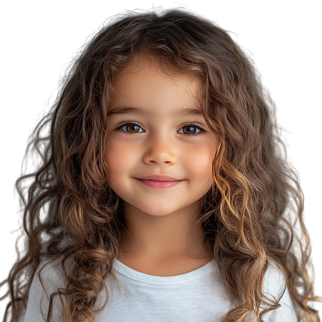 Charming Young Girl with Dark Wavy Curls Free PNG