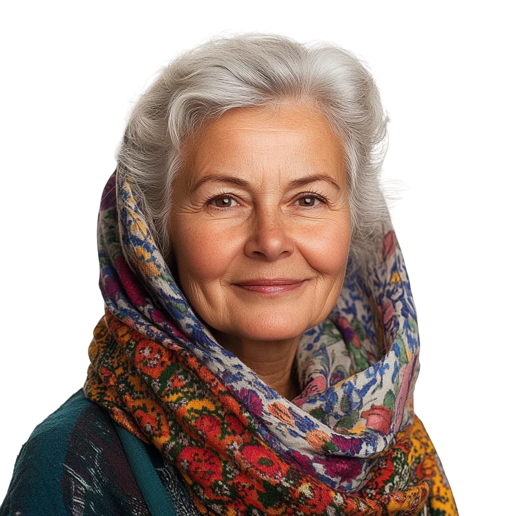 Smiling Mature Woman in Patterned Scarf Free PNG