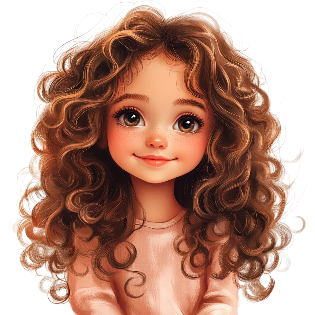 Adorable Doll Like Girl with Big Curls Free PNG