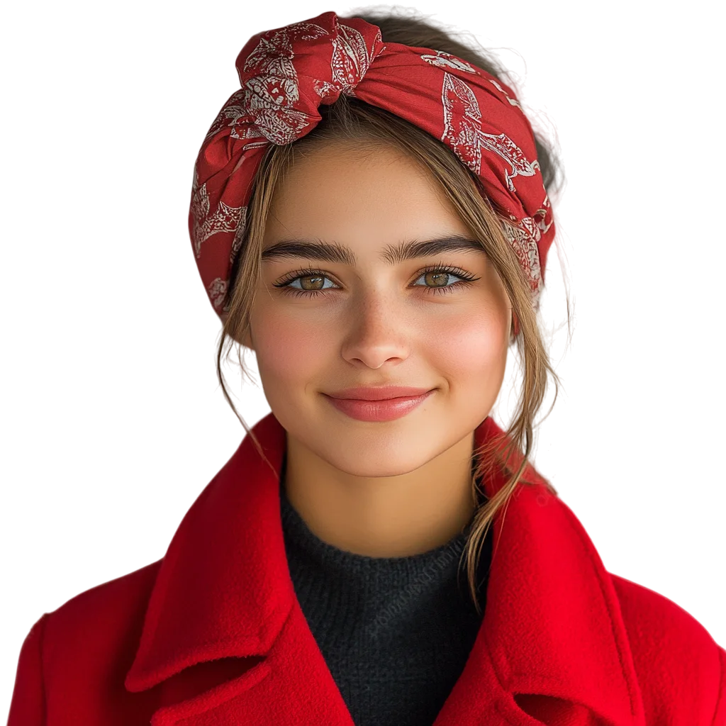 Young Woman in Red Coat and Headband Free PNG