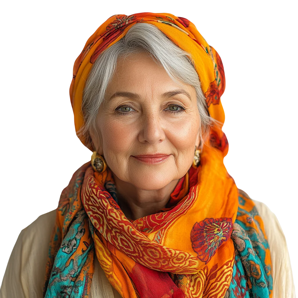 Smiling Elderly Woman with Colorful Scarf Free PNG