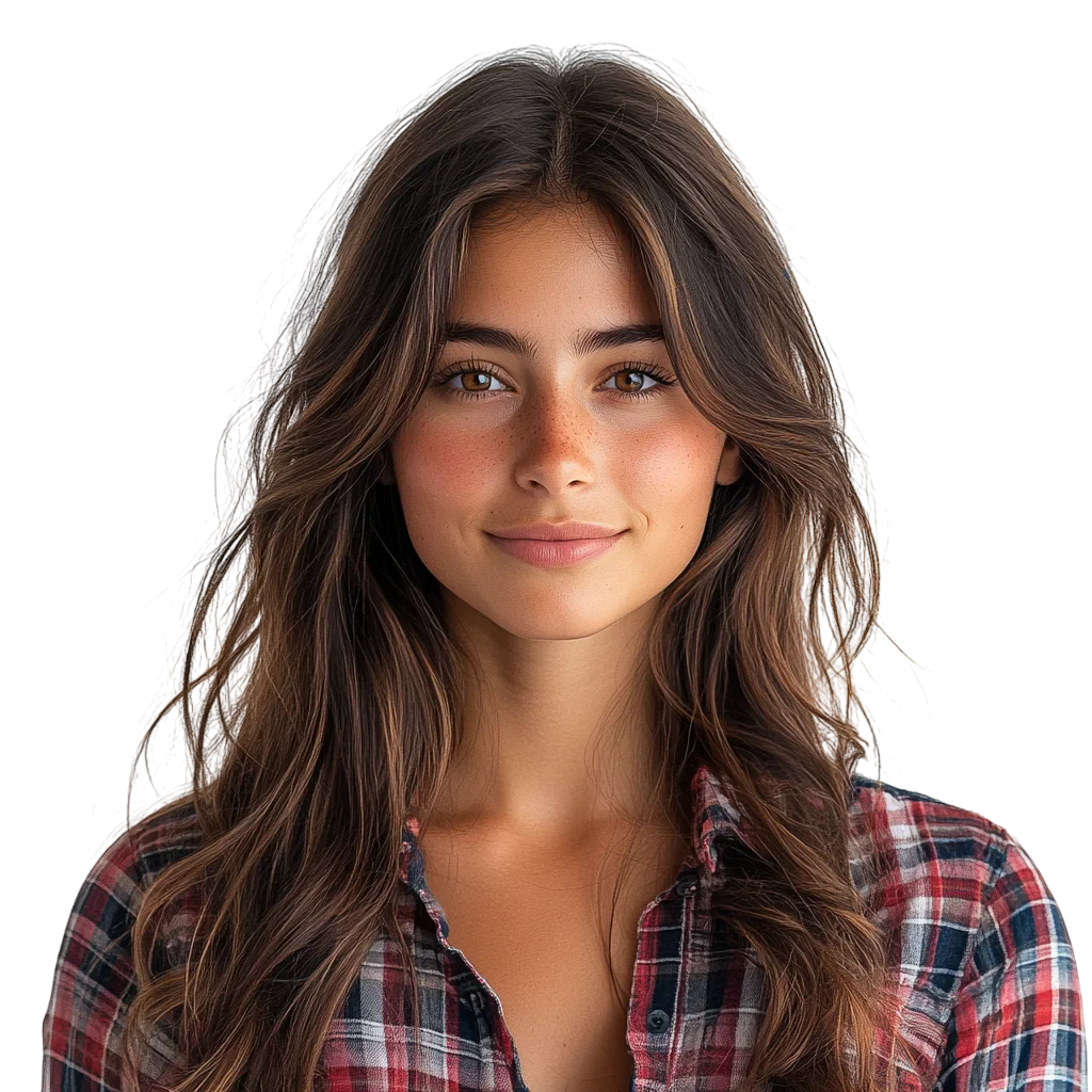 Brunette Young Woman in Plaid Shirt Free PNG