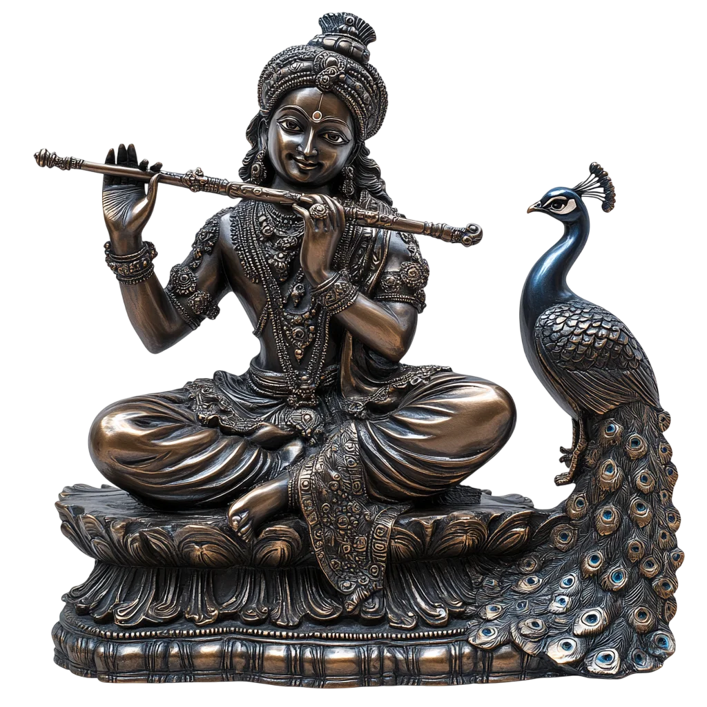 Seated Lord Krishna with Sacred Peacock Idol Free PNG