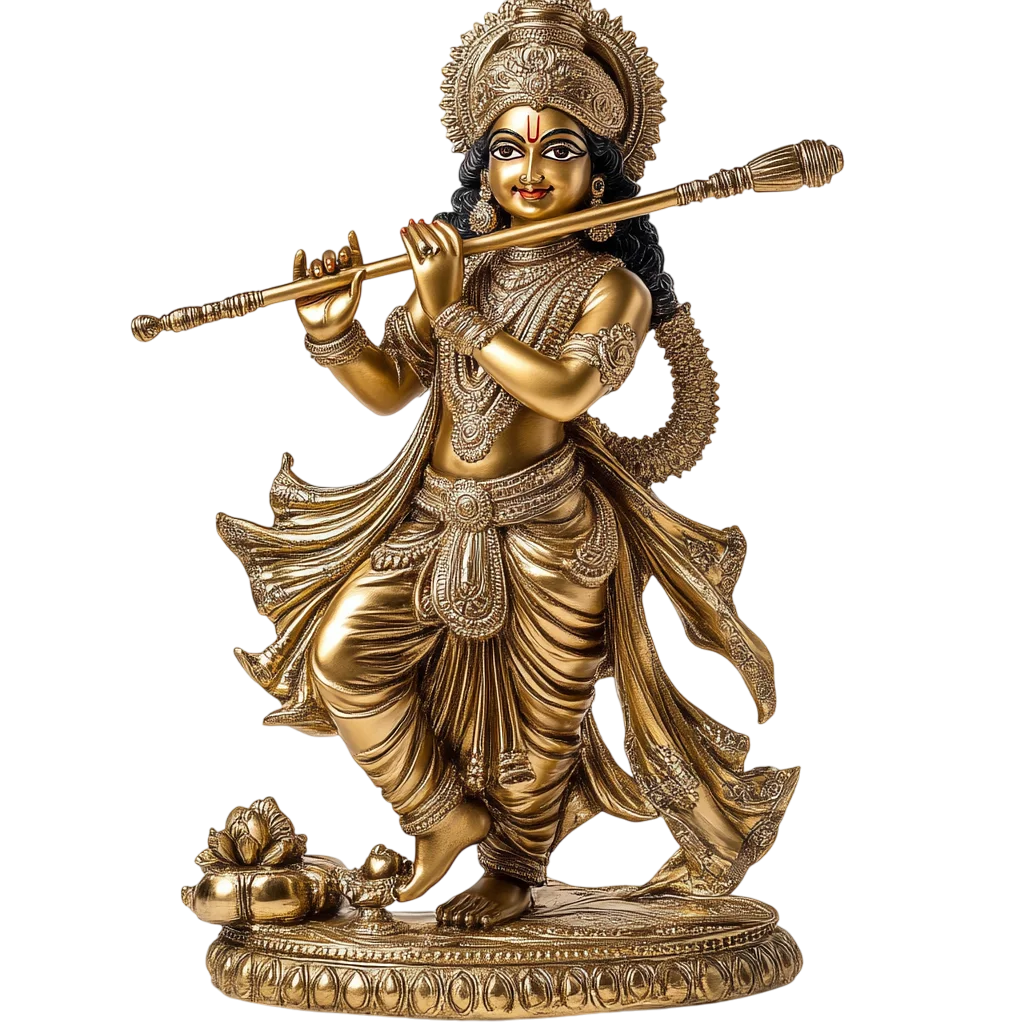 Dancing Brass Krishna Playing Golden Flute Free PNG