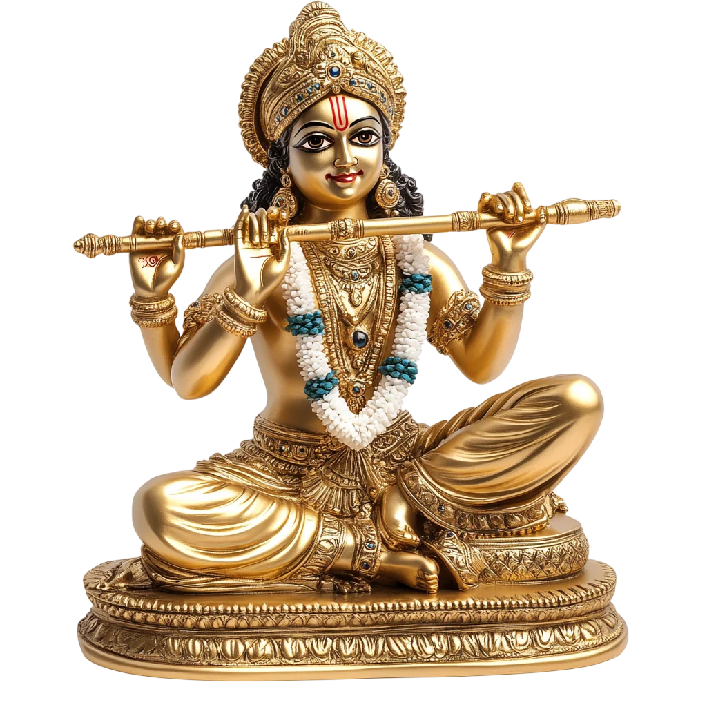 Cross-Legged Golden Krishna Flute Statue Free PNG