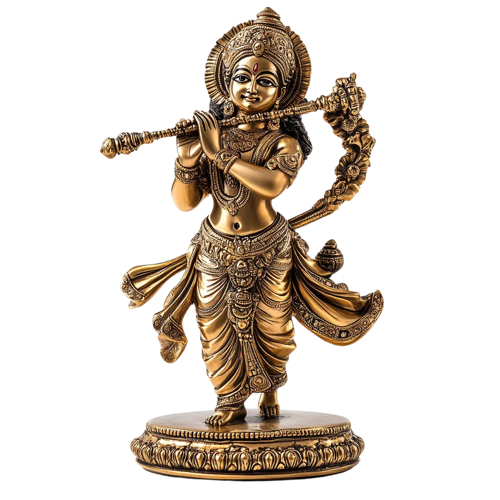 Standing Brass Krishna Playing Divine Flute Free PNG