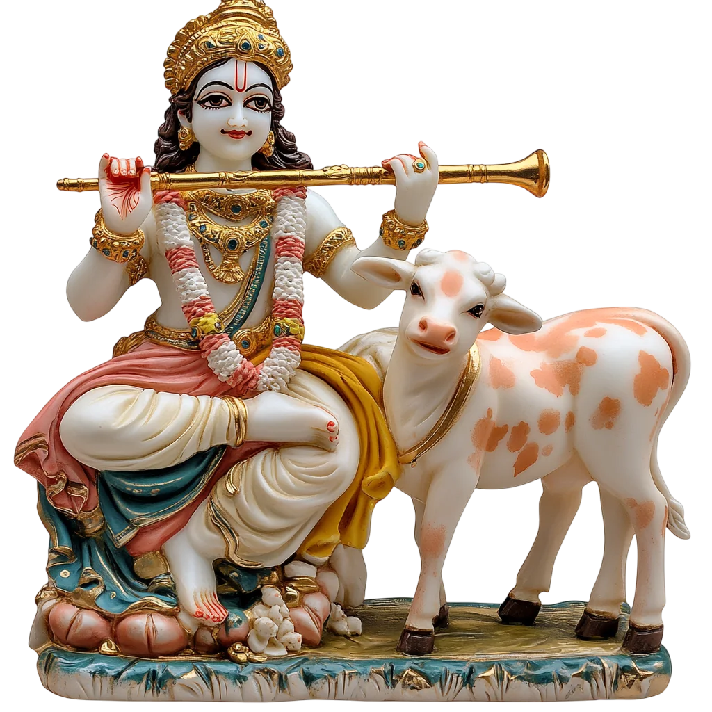 Lord Krishna with Sacred Calf Statue Free PNG