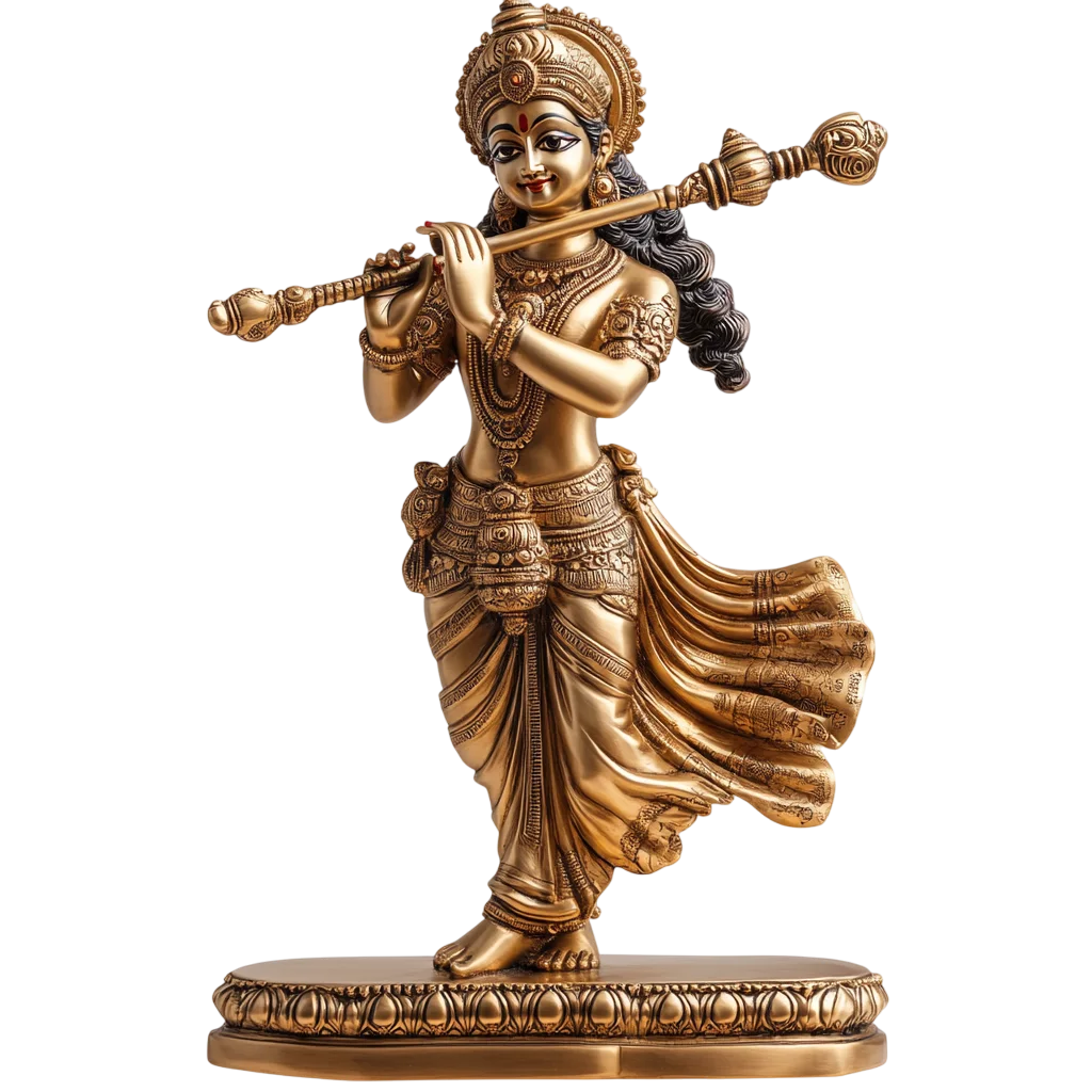 Ornate Standing Bronze Krishna Flute Statue Free PNG