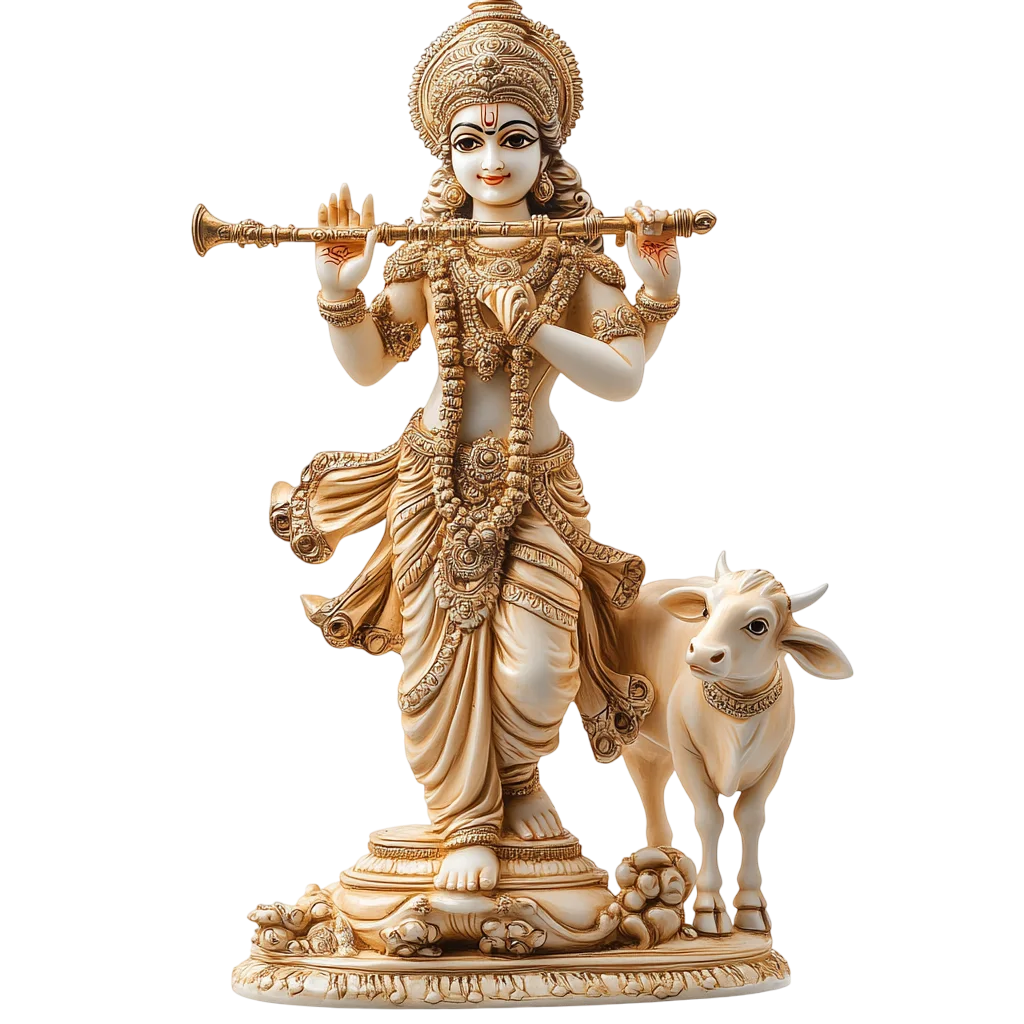 Lord Krishna with Sacred Cow Idol Statue Free PNG