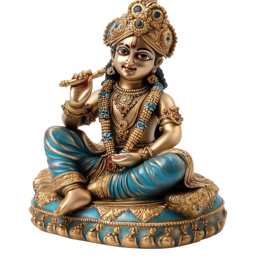Golden Hindu Deity Playing Flute Statue Free PNG