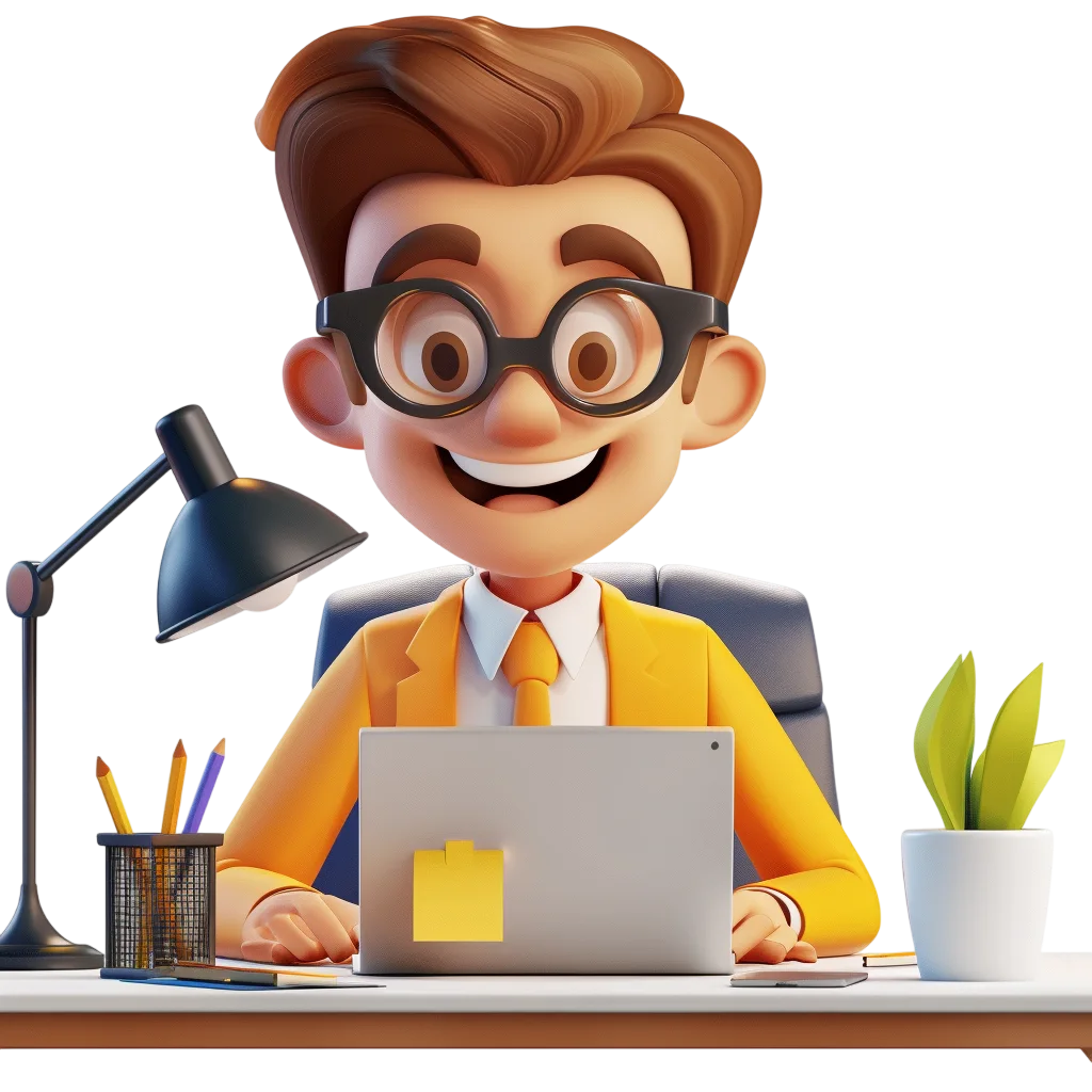 Happy 3D Businessman Working at Desk Free PNG
