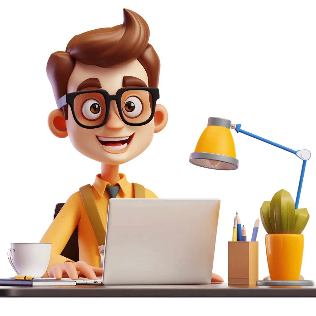 Cheerful 3D Office Worker at Desk Free PNG Clipart