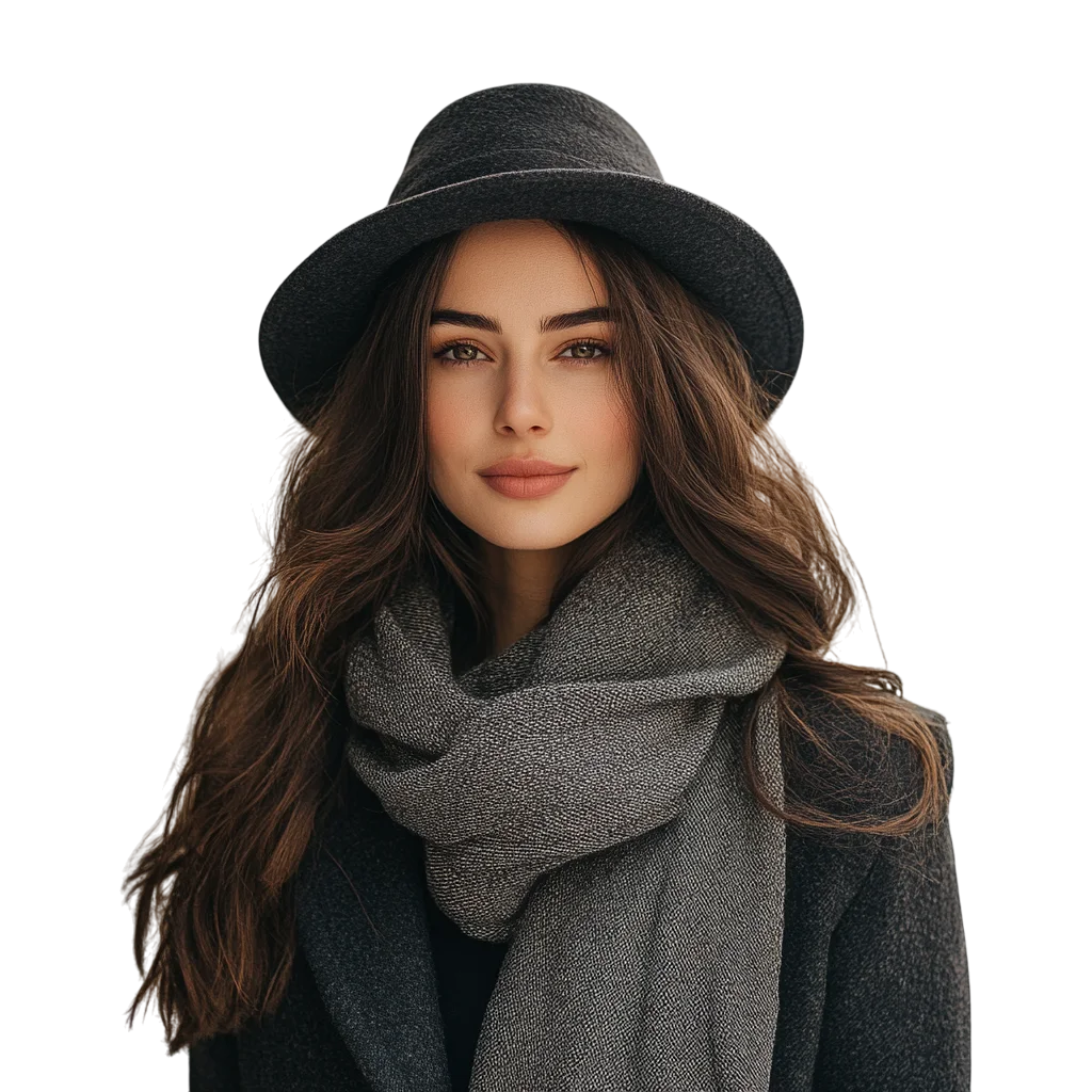 Woman in Black Fedora and Scarf Free PNG