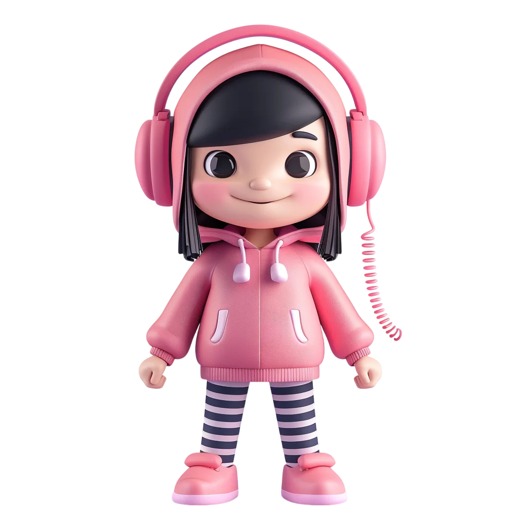 Cute 3D Cartoon Gamer Girl with Headphones Free PNG