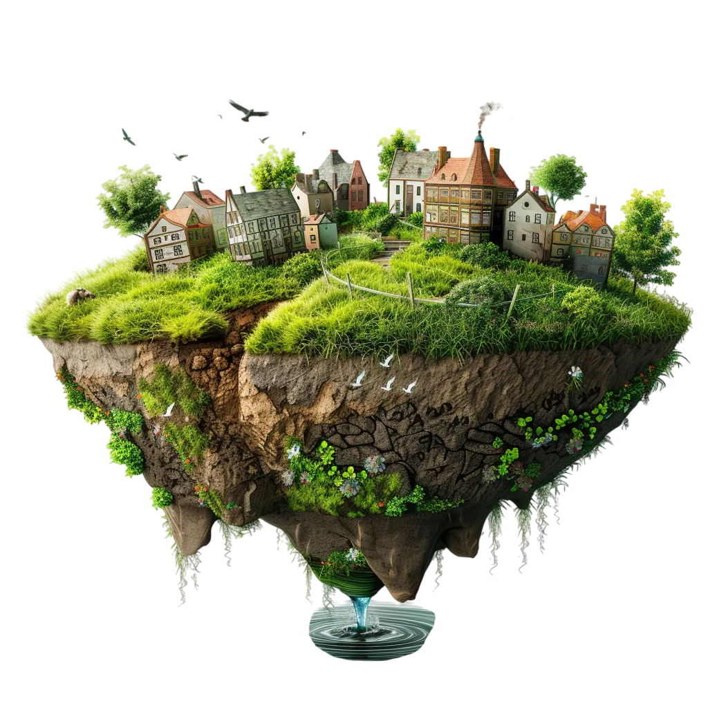 Floating Fantasy Village Island with Trees Free PNG