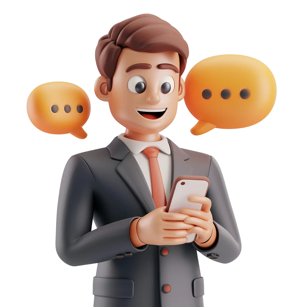 3D Businessman Using Smartphone with Chats Free PNG