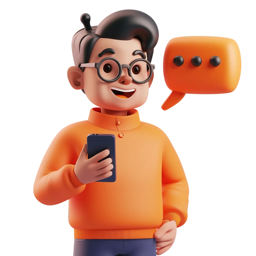 3D Cartoon Man with Smartphone and Chat Free PNG