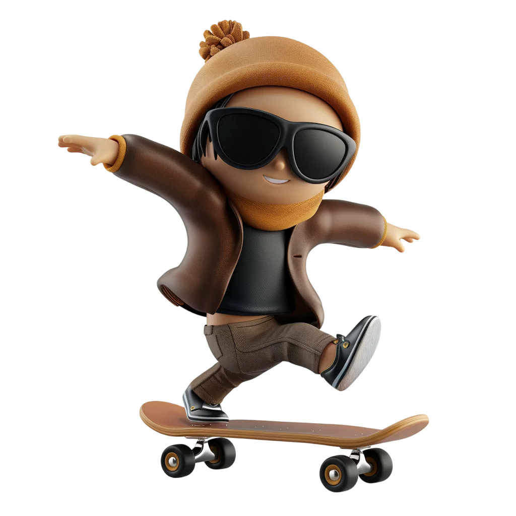 Cool 3D Cartoon Skater Boy on Skateboard Free PNG