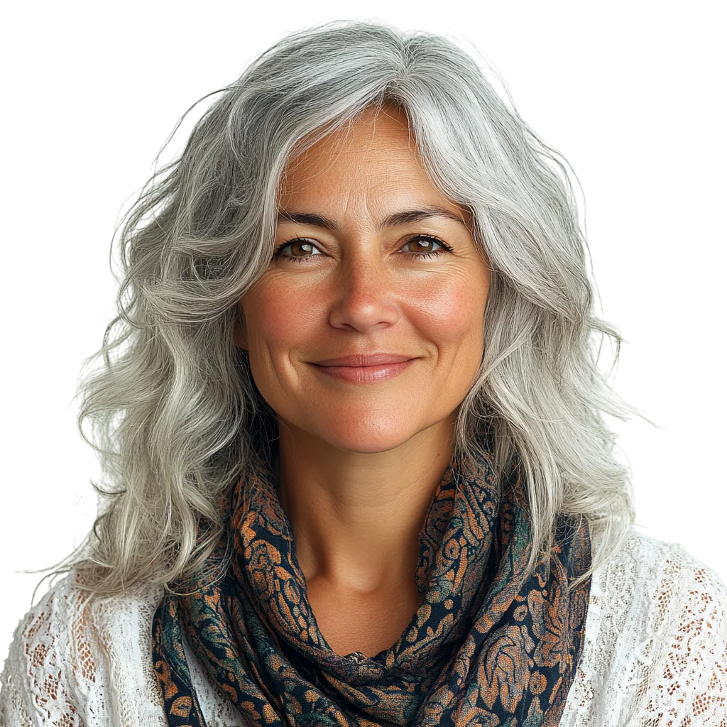 Smiling Mature Woman with Grey Wavy Hair Free PNG