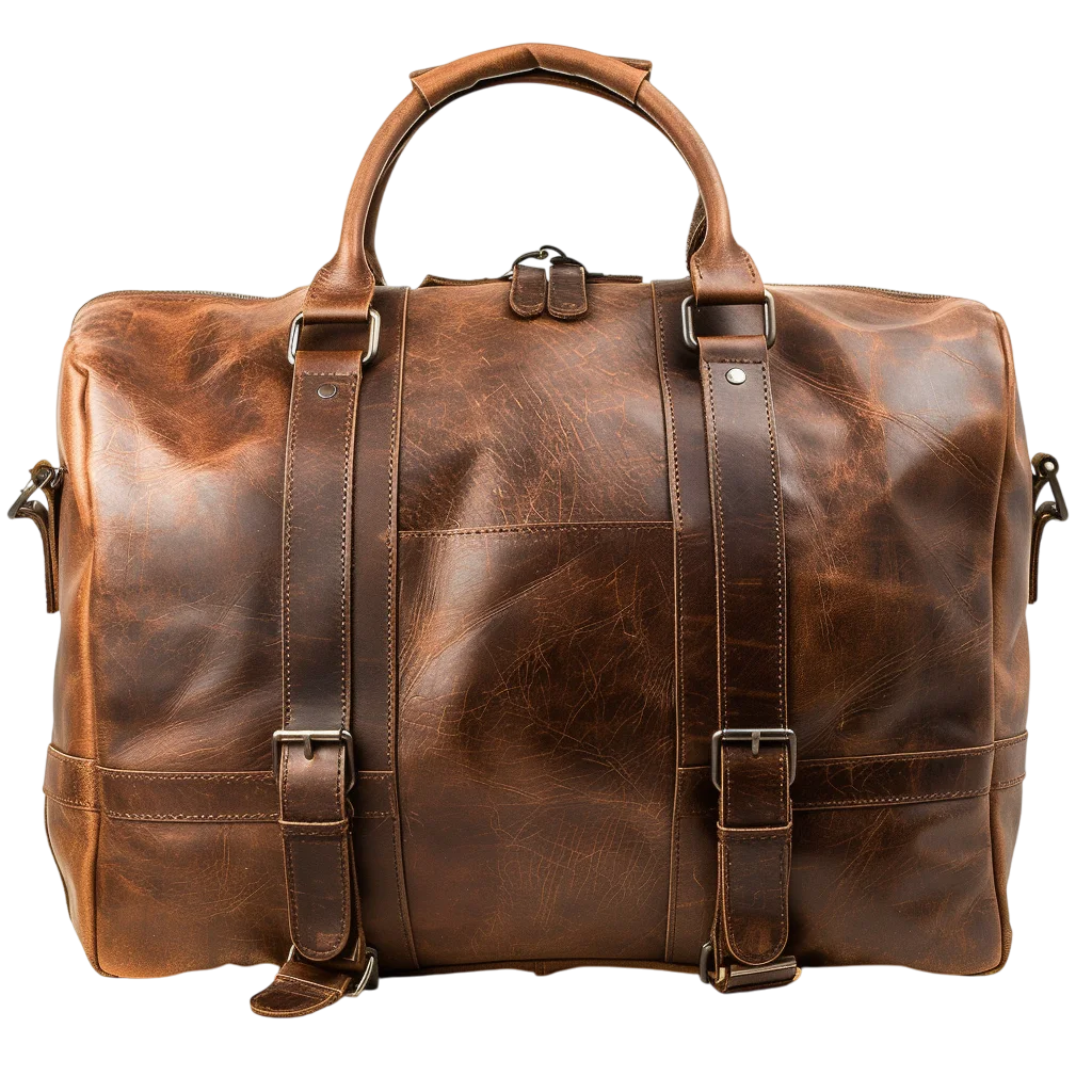 Rustic Brown Leather Weekender Duffle Bag Free PNG