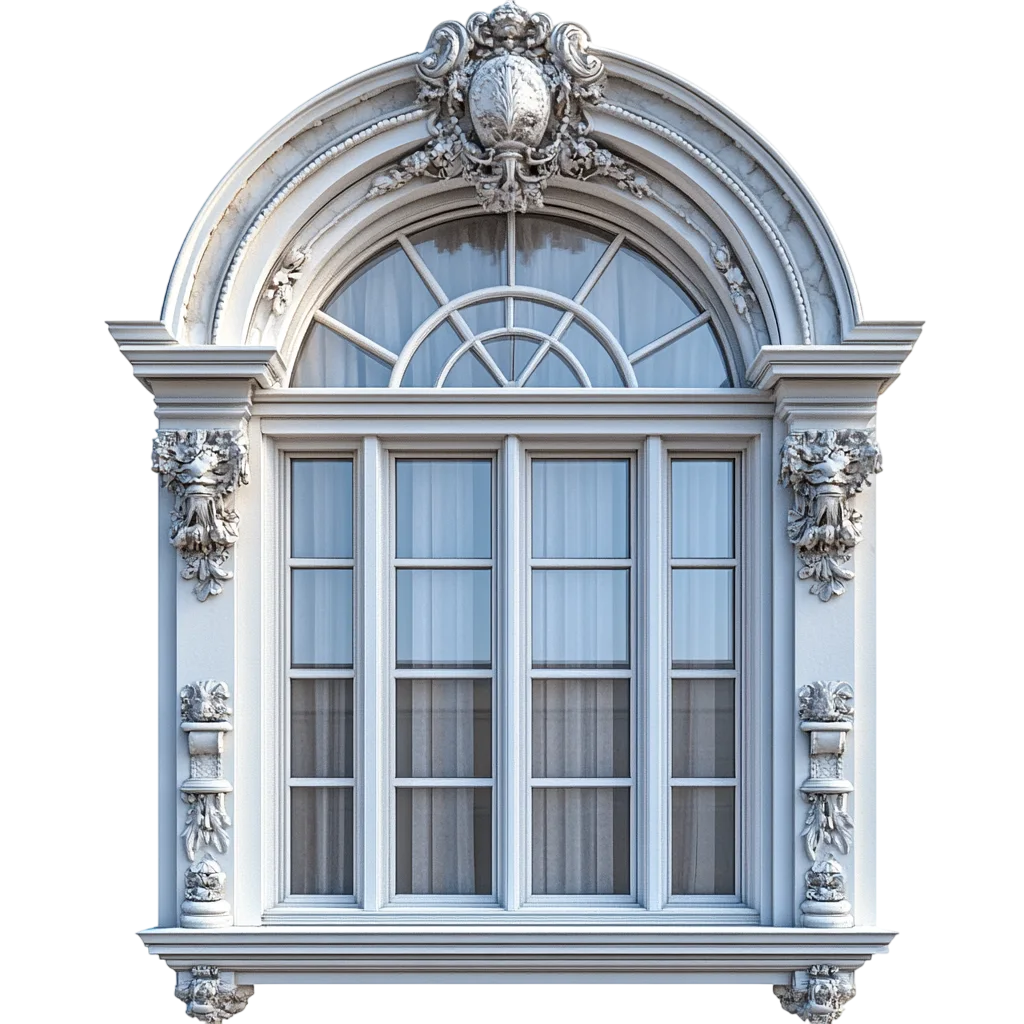 Ornate Arched Classical Window with Decorative Trim | Free PNG