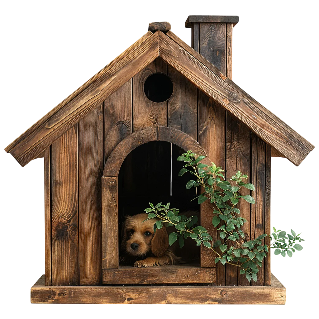 Small Dog in a Rustic Wooden Doghouse with Greenery | Free PNG