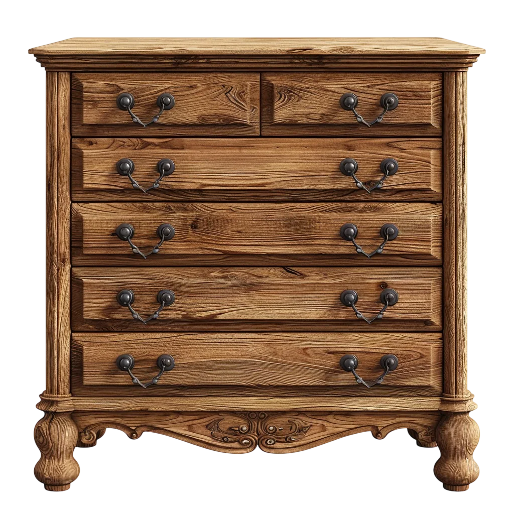 Ornate Vintage Wooden Dresser with Six Drawers Free PNG
