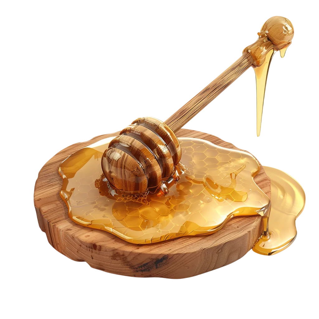 Golden Honey Dripping from a Wooden Dipper Free PNG