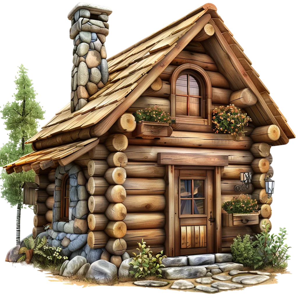 Rustic Log Cabin with Stone Chimney – Free PNG