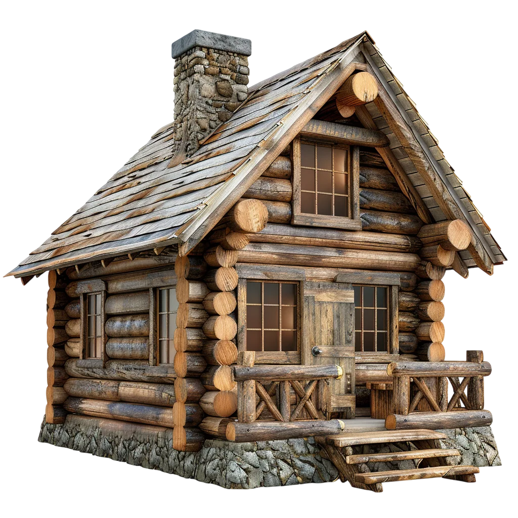 Rustic Log Cabin with Stone Chimney and Timber Porch | Free PNG