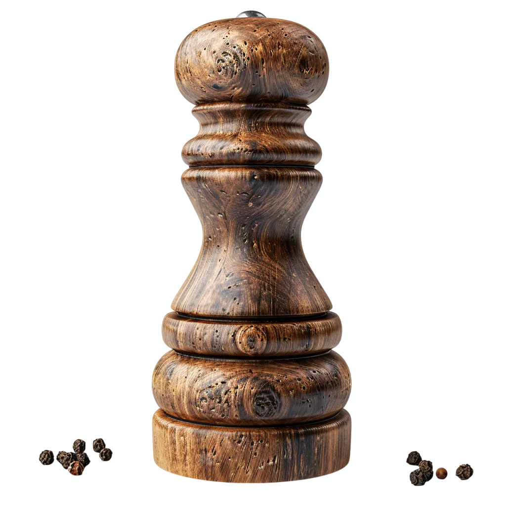 Ornate Wooden Pepper Mill with Peppercorns Free PNG