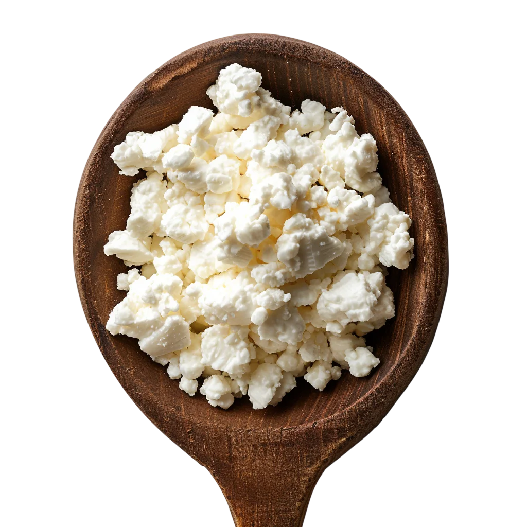 White Cottage Cheese in a Wooden Spoon Free PNG