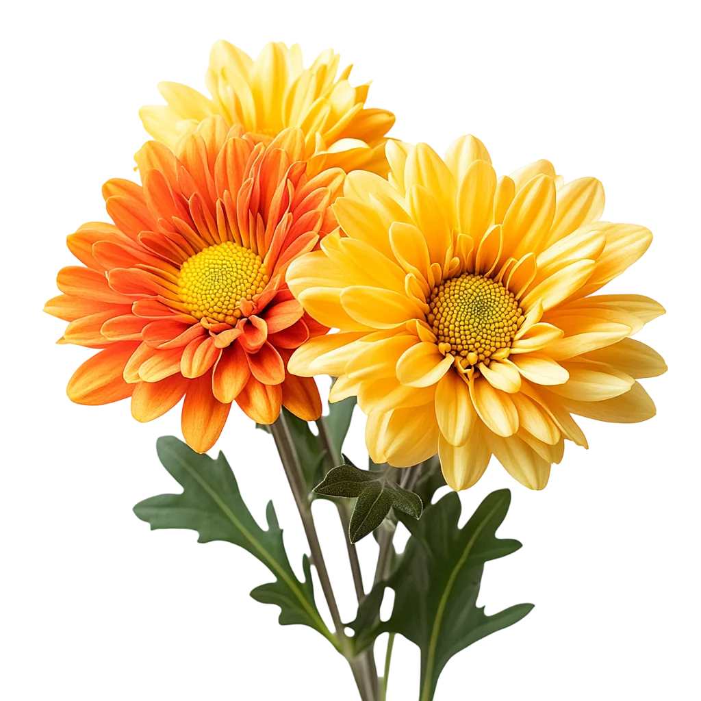 Orange and Yellow Chrysanthemums with Green Leaves | Free PNG