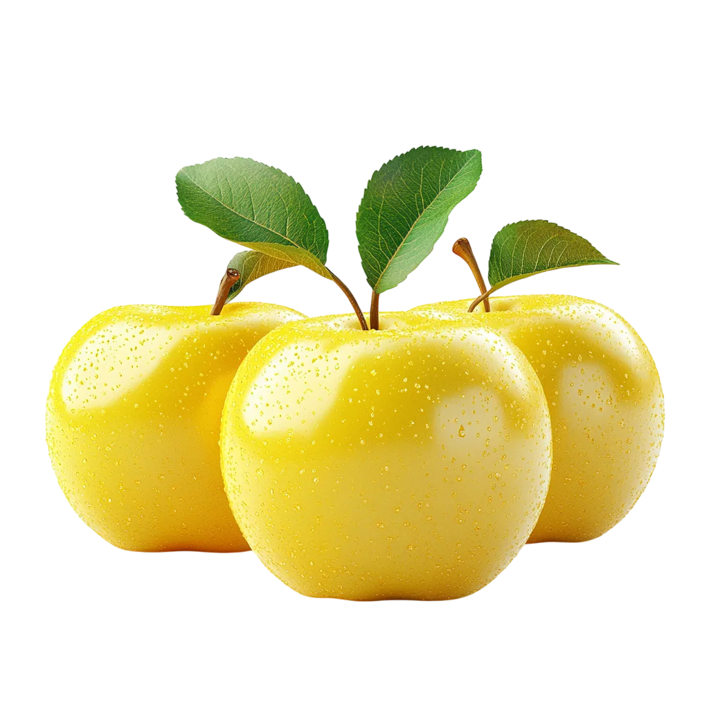 Three Dewy Yellow Apples with Green Leaves | Free PNG