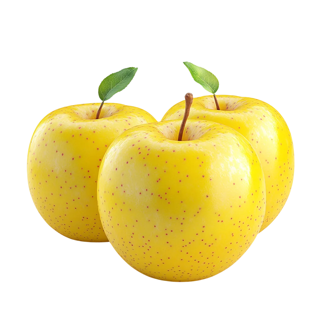 Three Golden Yellow Apples with Green Leaves – Free PNG