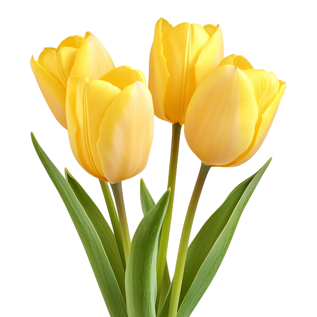 Four Yellow Tulips with Green Leaves | Free PNG
