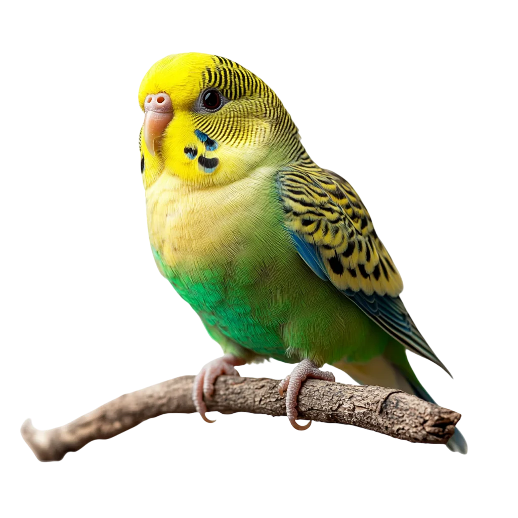 Green and Yellow Budgerigar Perched on a Branch - Free PNG