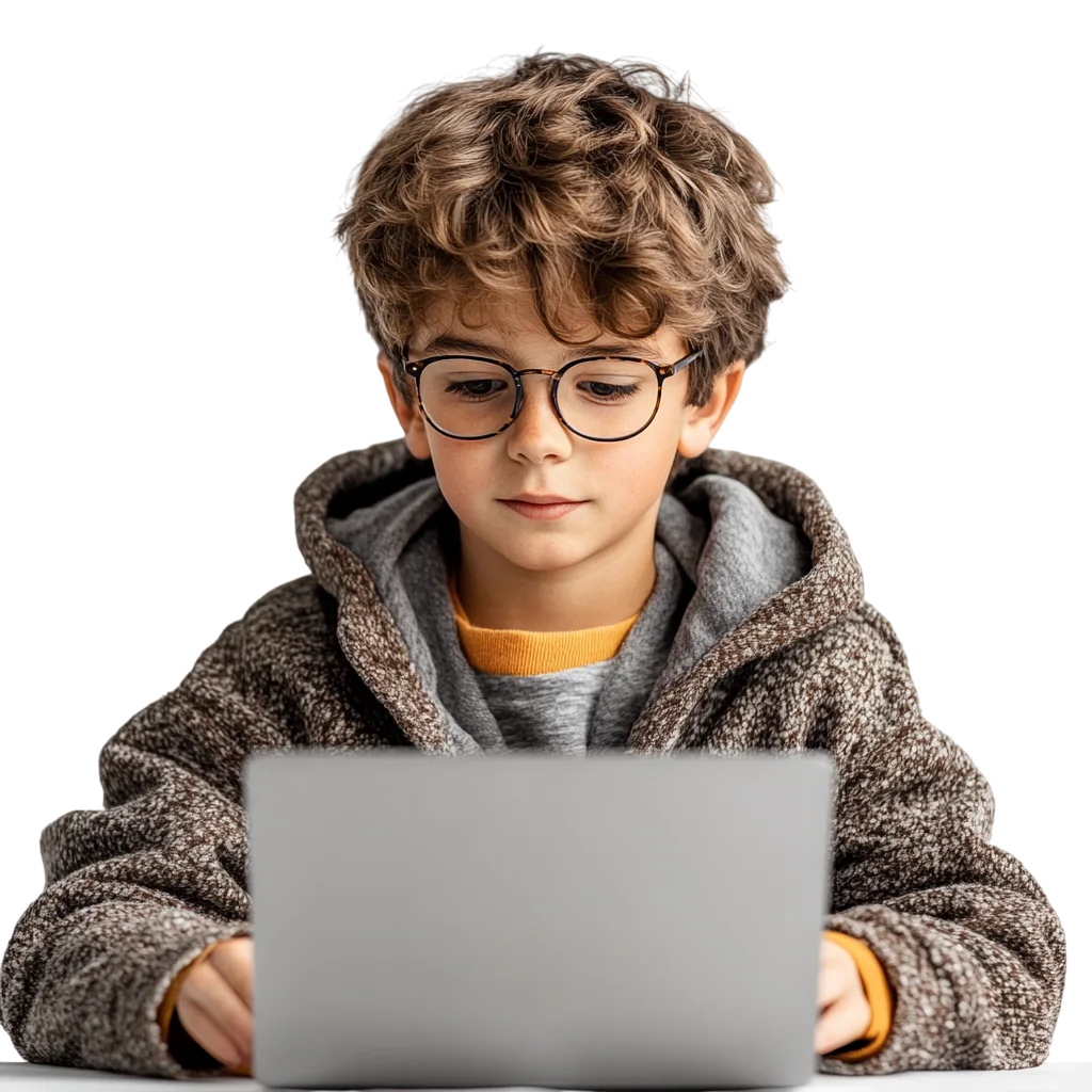 Boy with Glasses Looking at a Laptop - Free PNG