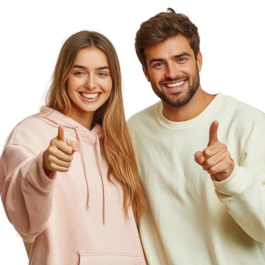 Happy Young Couple Giving Thumbs Up and Pointing Free PNG