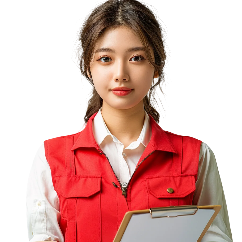 Young Asian Woman in Red Vest Holding Clipboard Free PNG