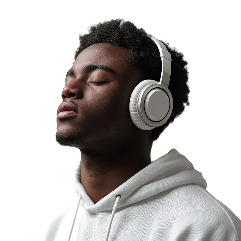 Black Man with Headphones Eyes Closed Listening Free PNG