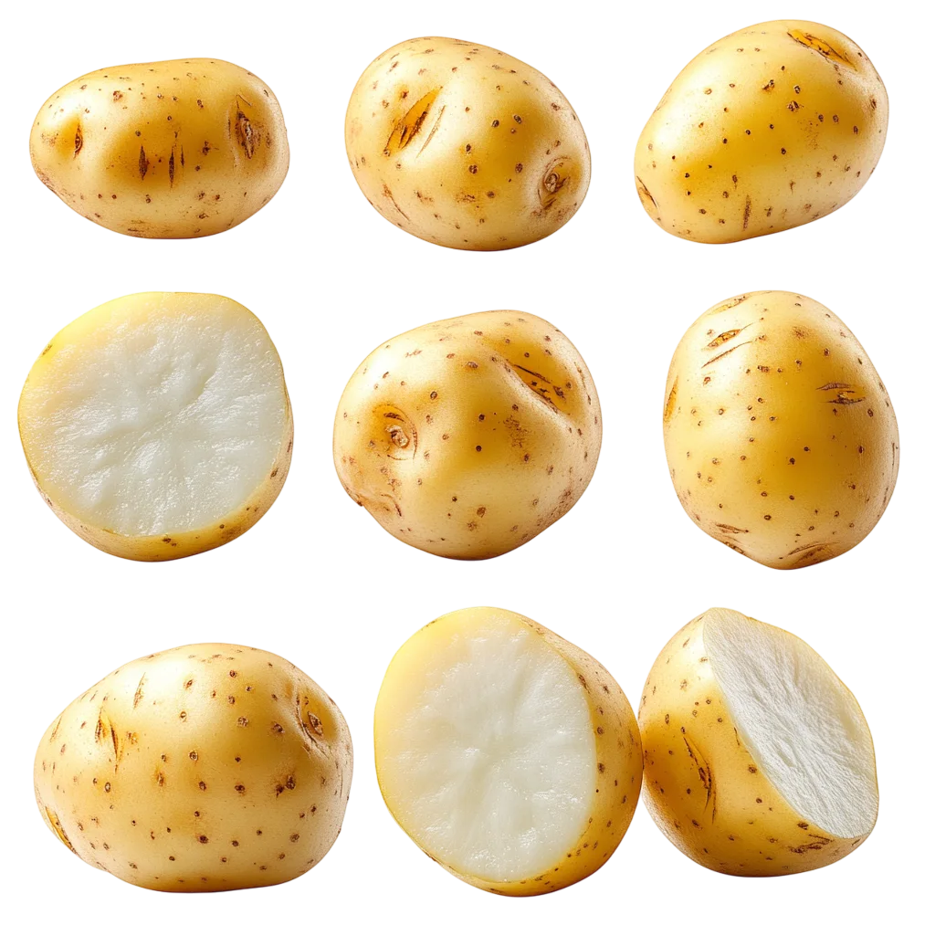 Fresh Raw Whole and Cut Yellow Potatoes Set Free PNG